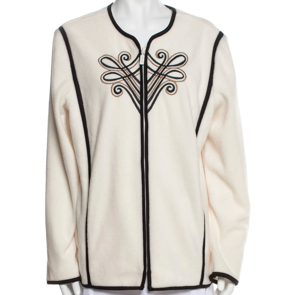 Bob Mackie Wearable Art Cream Black Fleece Embroidered Full Zip Jacket Coat XL